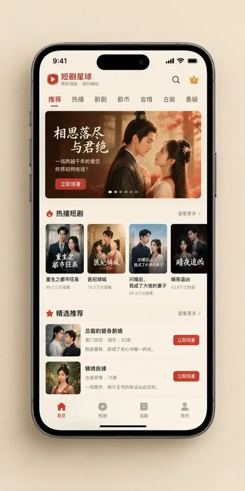 红果短剧免下载 APP 首页界面示意：暖米色剧集列表
