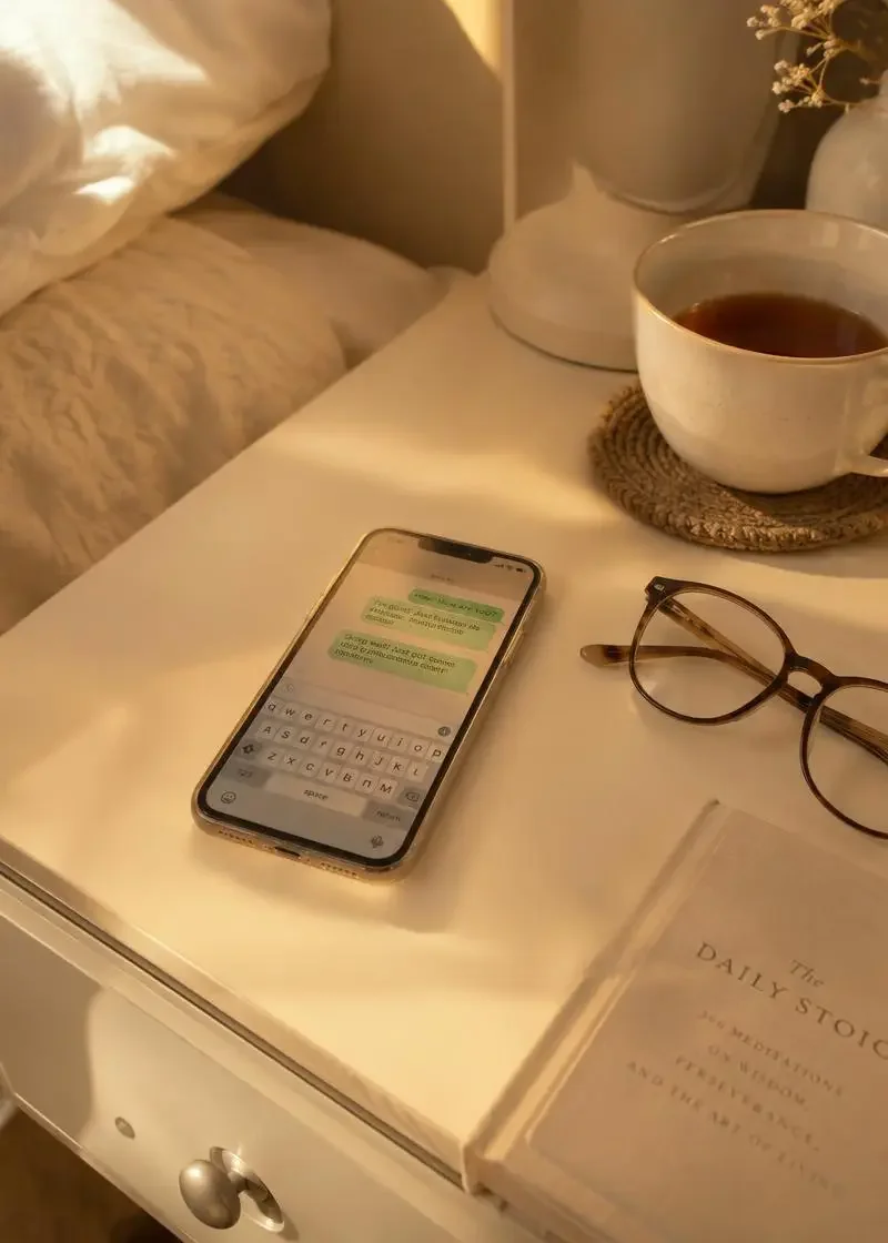 《爸爸的微信语音》封面：床头柜上的手机与一杯温茶